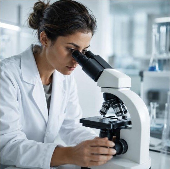 Researcher looking through a microscope in a laboratory